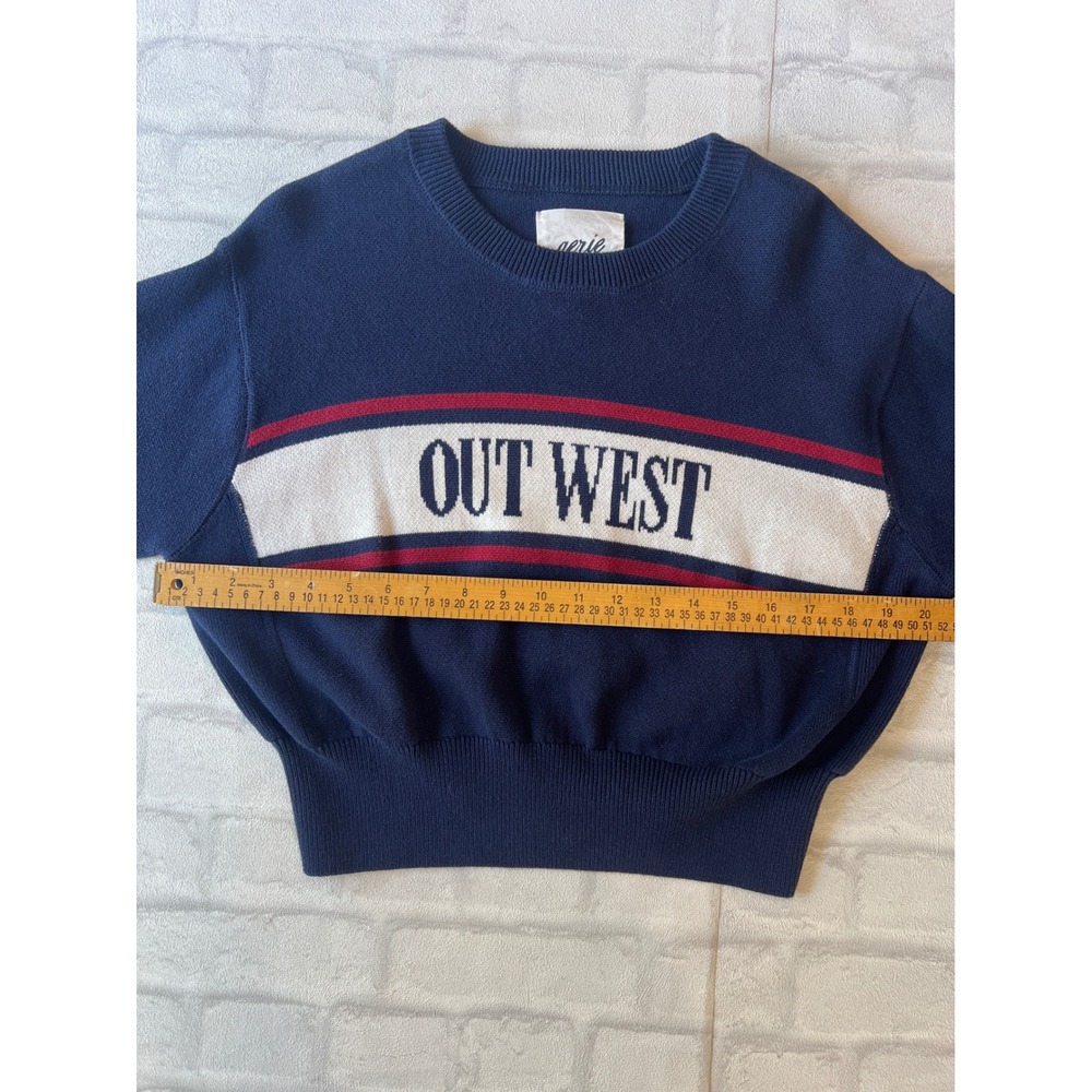 Aerie Out West Americana Sweater Navy Blue preppy Graphic Pullover XS - Picture 5 of 7